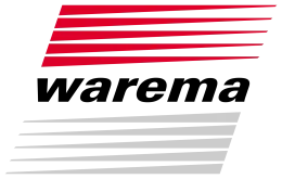Warema Logo: Spitz zulaufende Streifen in rot und grau mit dem schwarzen Warema Schriftzug in der Mitte.
