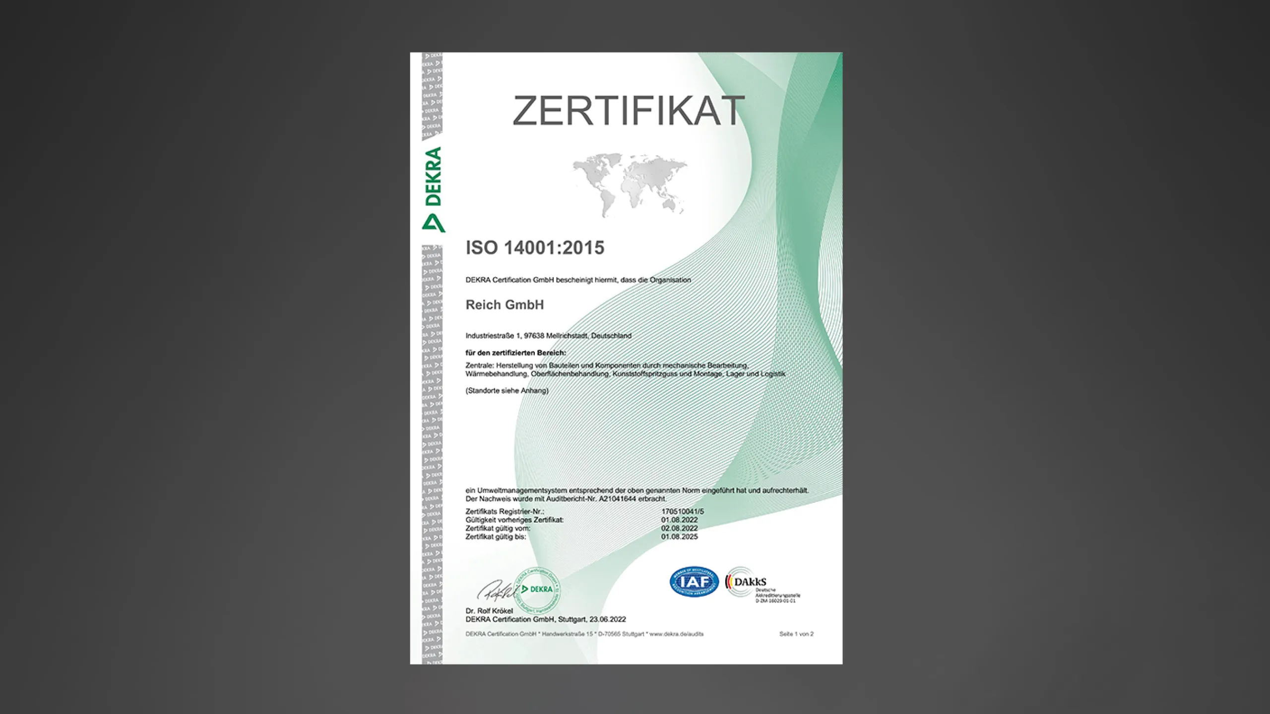Abbildung Zertifikat Dekra ISO 14001:2015.